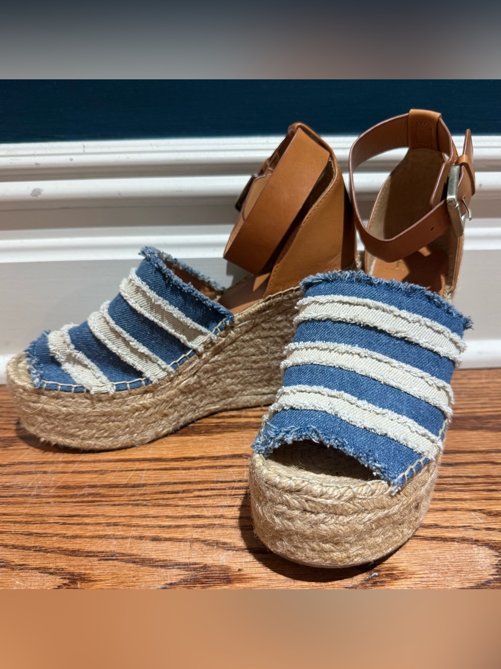 Marc Fischer Frayed Denim Stripe Espadrille Wedge Sandals